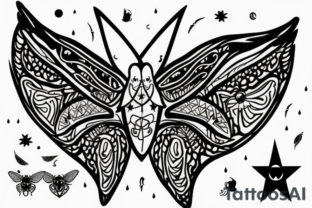 Moth with moon and pentagram tattoo idea