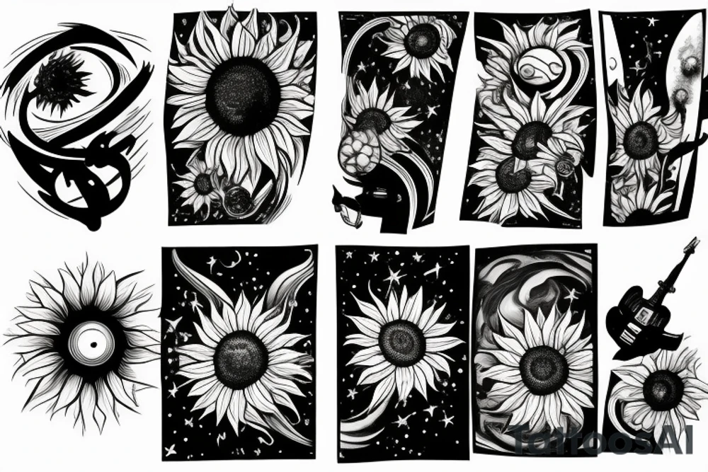 sunflower with rockets, planets, and piano and guitar tattoo idea