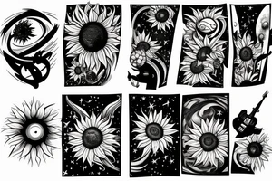 sunflower with rockets, planets, and piano and guitar tattoo idea
