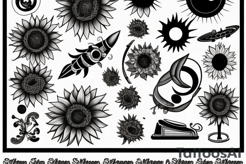 sunflower with rockets, planets, and piano and guitar tattoo idea