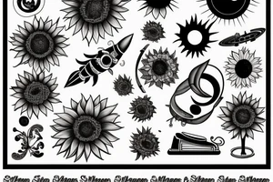 sunflower with rockets, planets, and piano and guitar tattoo idea