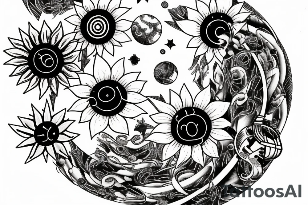 sunflower with rockets, planets, and piano and guitar tattoo idea
