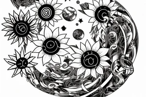 sunflower with rockets, planets, and piano and guitar tattoo idea