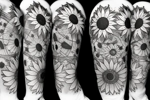 sunflower with rockets, planets, and piano and guitar tattoo idea
