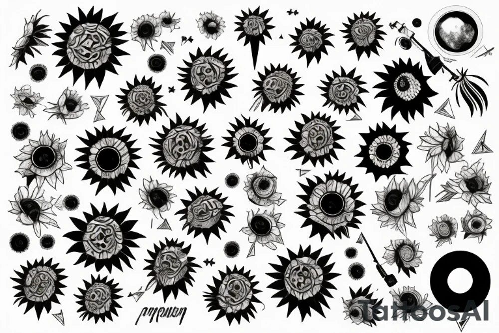 sunflower with rockets, planets, and piano and guitar tattoo idea