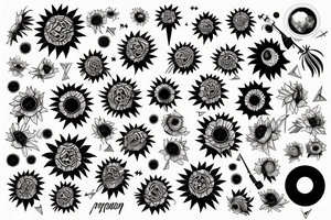sunflower with rockets, planets, and piano and guitar tattoo idea