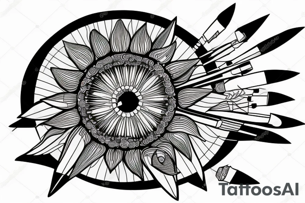 sunflower with rockets, planets, and piano and guitar tattoo idea