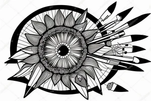 sunflower with rockets, planets, and piano and guitar tattoo idea