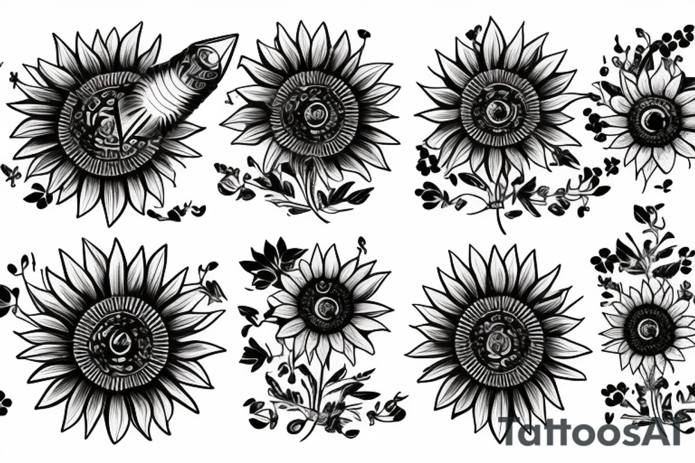 sunflower with rockets, planets, and piano and guitar tattoo idea