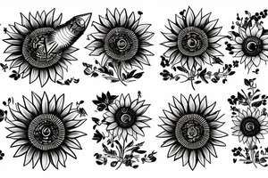 sunflower with rockets, planets, and piano and guitar tattoo idea