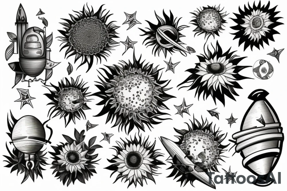 sunflower with rockets, planets, and piano and guitar tattoo idea