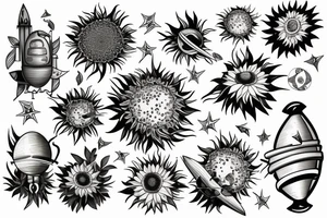 sunflower with rockets, planets, and piano and guitar tattoo idea