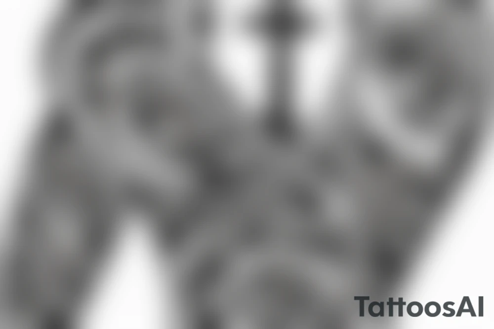 Men’s Catholic Cross with roses and scripture on shoulder tattoo idea