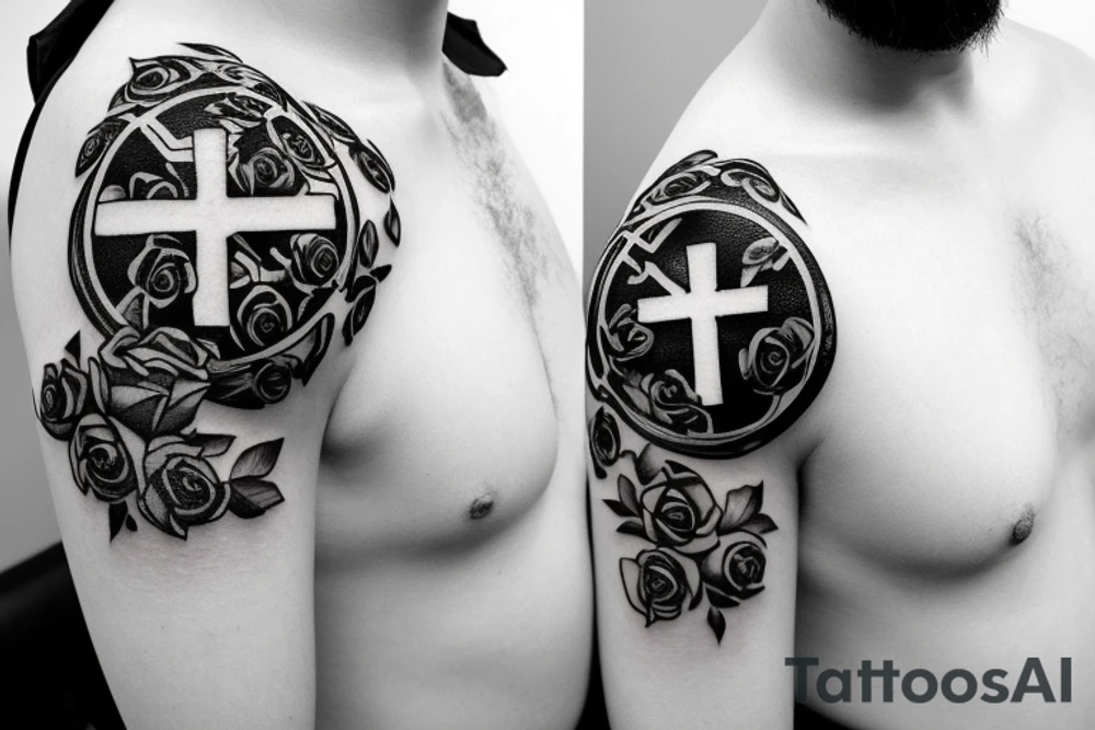 Men’s Catholic Cross with roses and scripture on shoulder tattoo idea