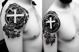 Men’s Catholic Cross with roses and scripture on shoulder tattoo idea