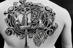 Men’s Catholic Cross with roses and lion and scripture on rear shoulder blade over to shoulder tattoo idea