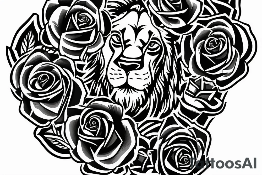 Men’s Catholic Cross with detailed lion and roses and scripture writing on rear shoulder blade tattoo idea