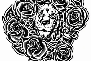 Men’s Catholic Cross with detailed lion and roses and scripture writing on rear shoulder blade tattoo idea