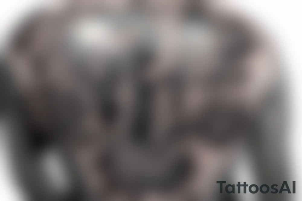 Men’s Catholic Cross with detailed lion and roses and scripture writing on rear shoulder blade tattoo idea