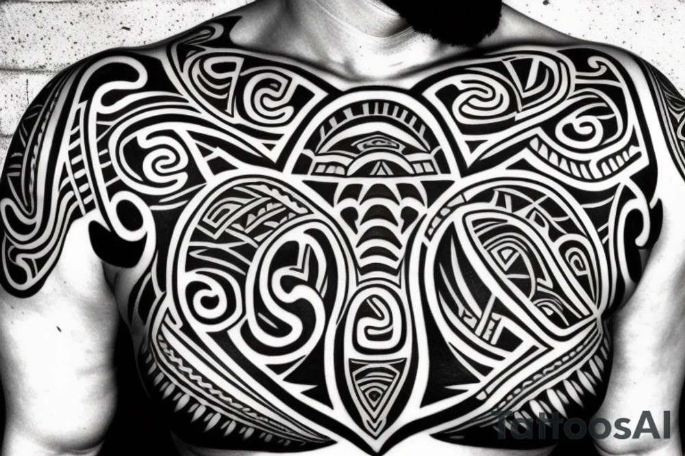 Maori on chest, shoulders and arms tattoo idea
