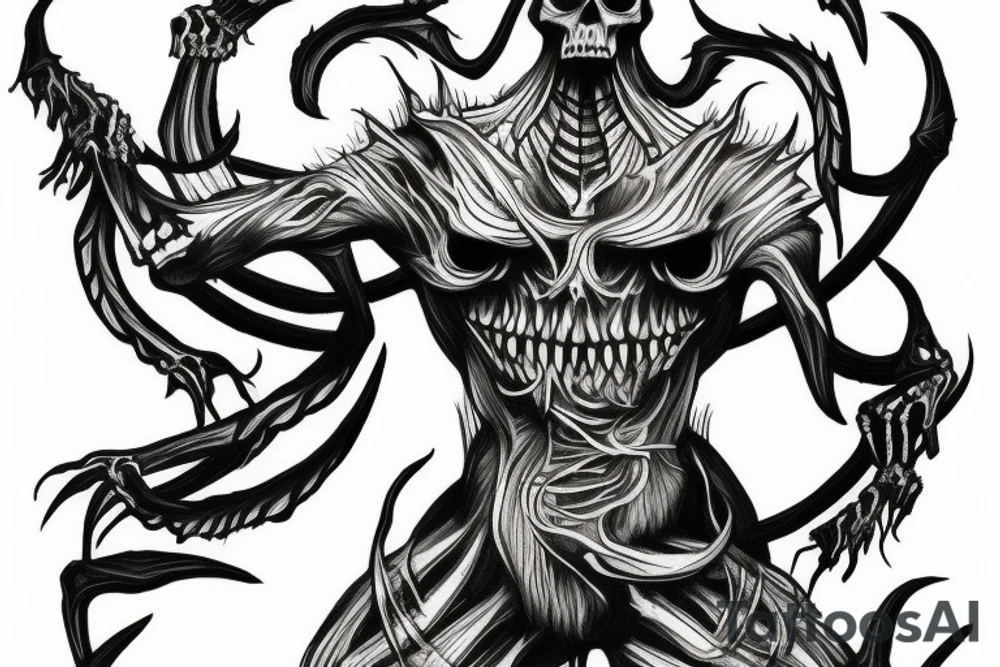 Demonic mutant skeleton in shiva pose tattoo idea