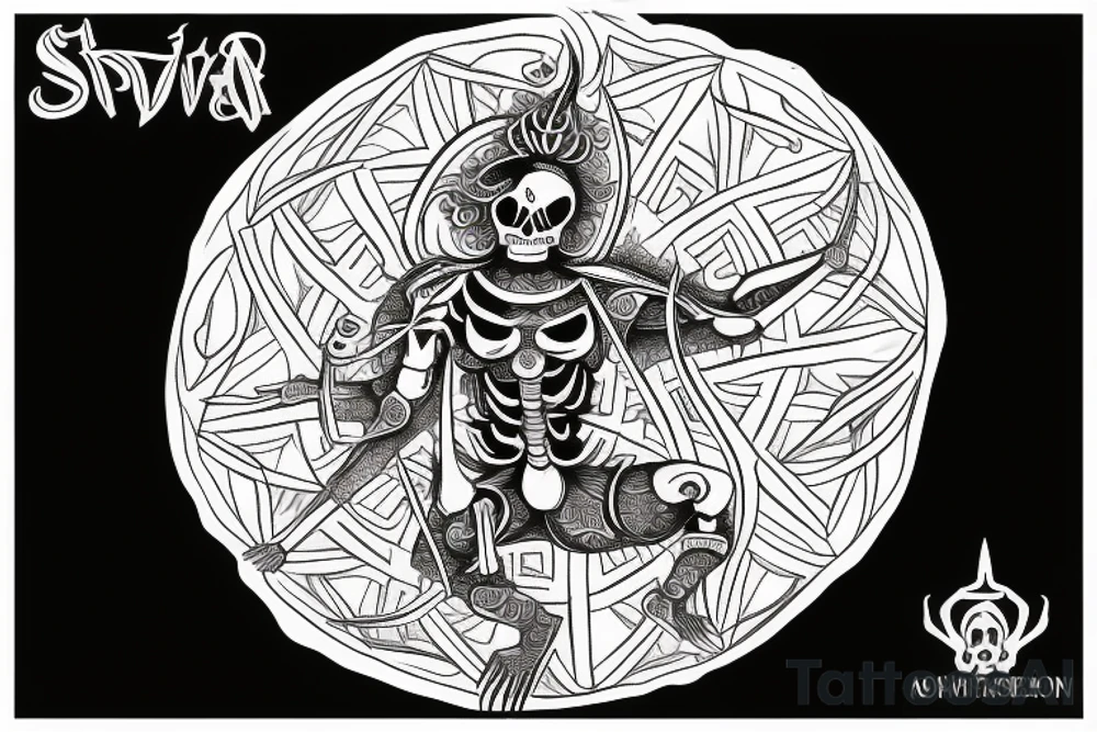 skeleton in shiva pose in circle tattoo idea
