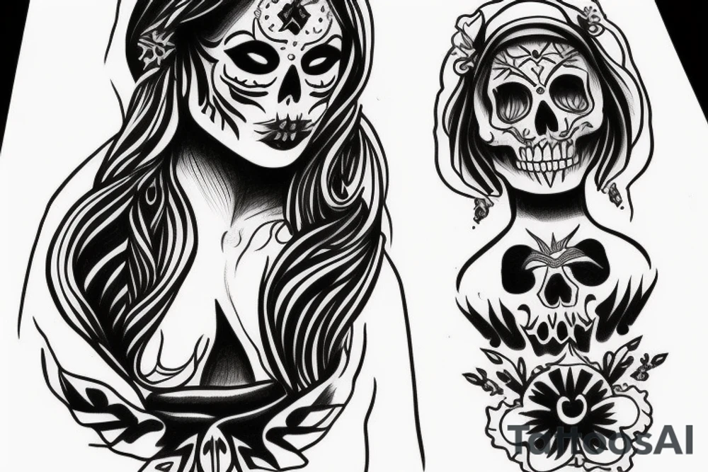 Mexican lady of death outline tattoo idea