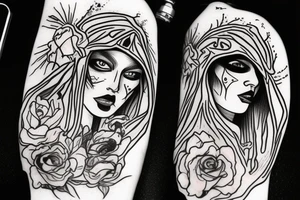Mexican lady of death outline. Fine lines. Detailed dyes tattoo idea