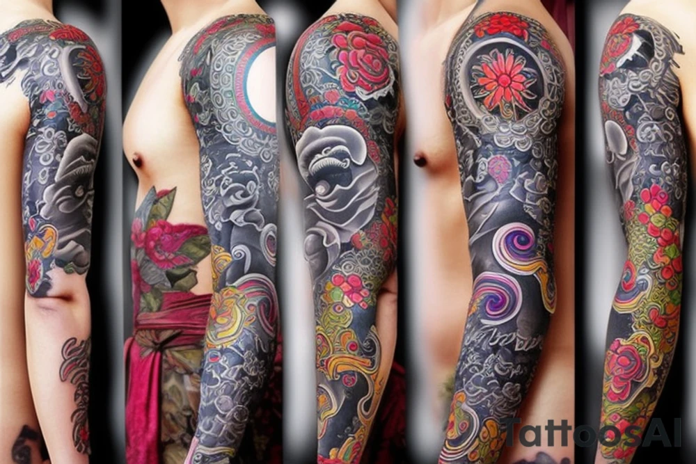 Buddhist full sleeve sex nudity tattoo idea