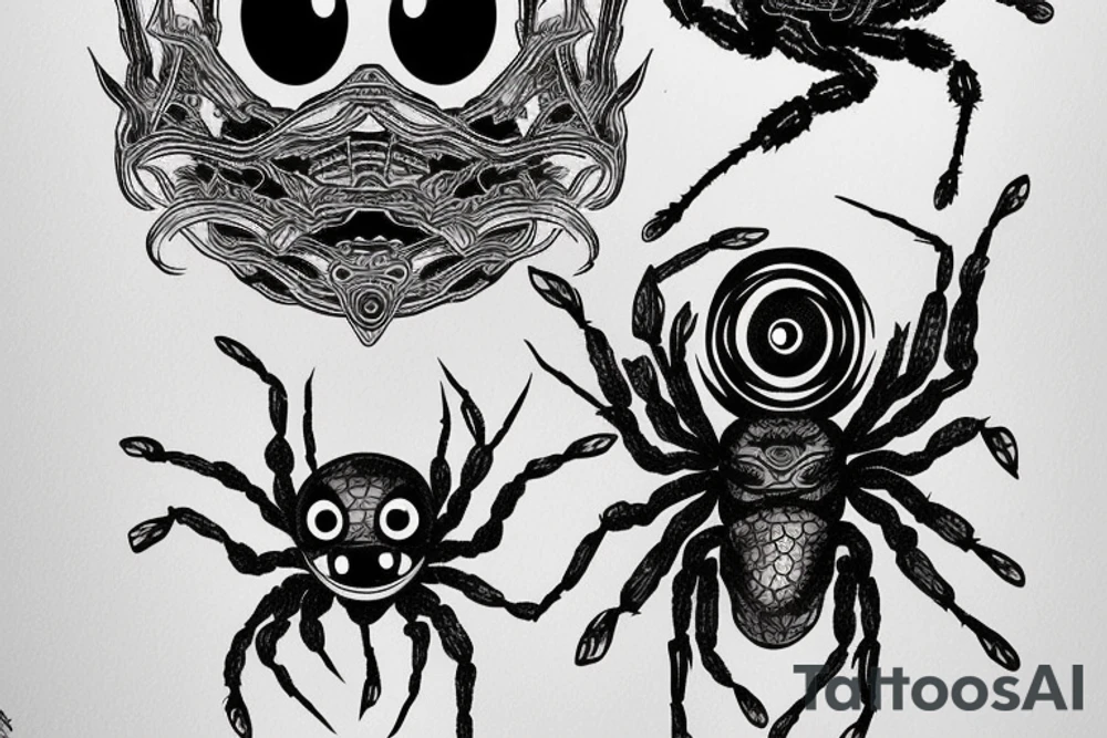 black creepy spider and an eye, intricate, ink lines, tattoo idea