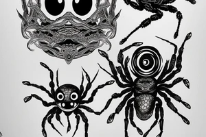 black creepy spider and an eye, intricate, ink lines, tattoo idea