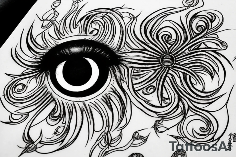 black creepy spider and an eye, intricate, ink lines, tattoo idea
