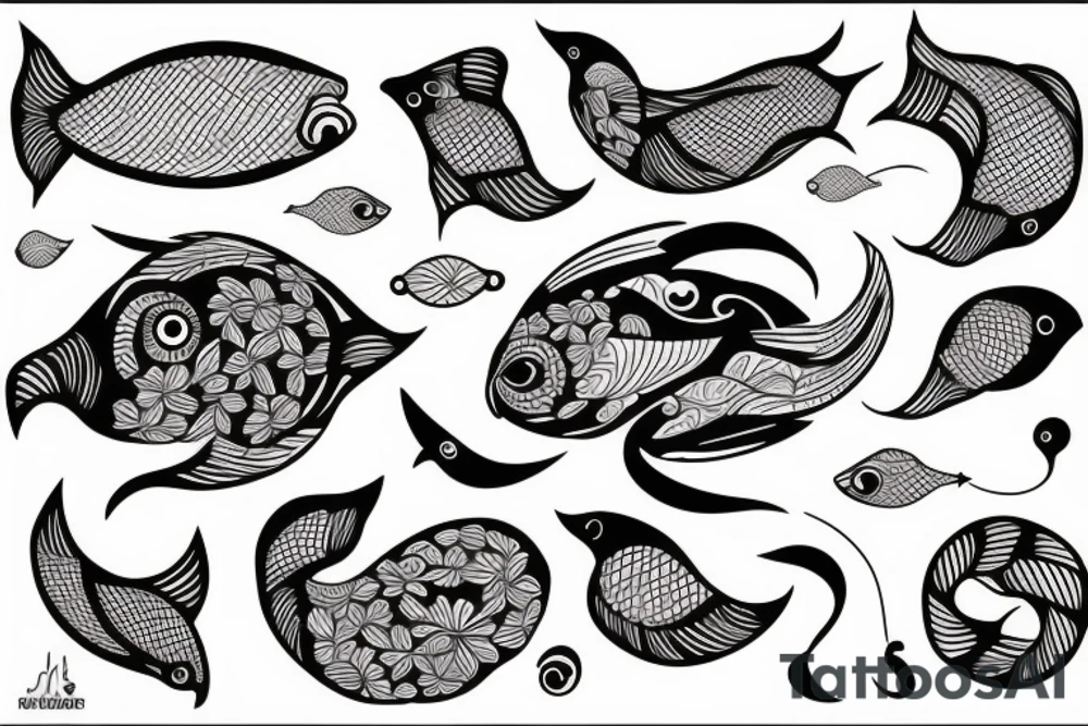 A fish that looks like a bird and a moon tattoo idea