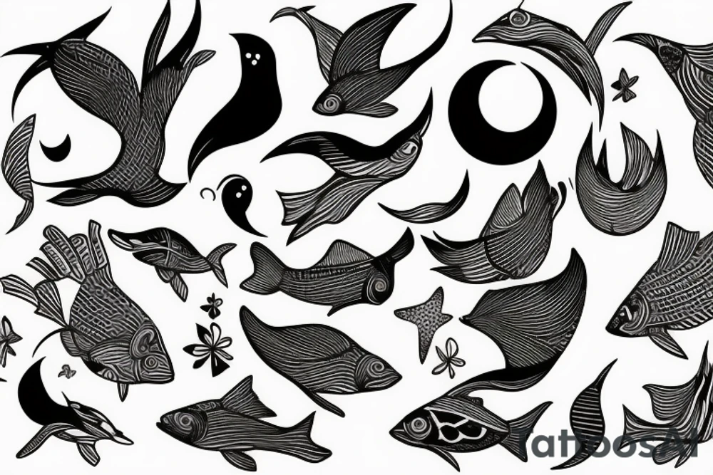 A fish that looks like a bird and a moon tattoo idea