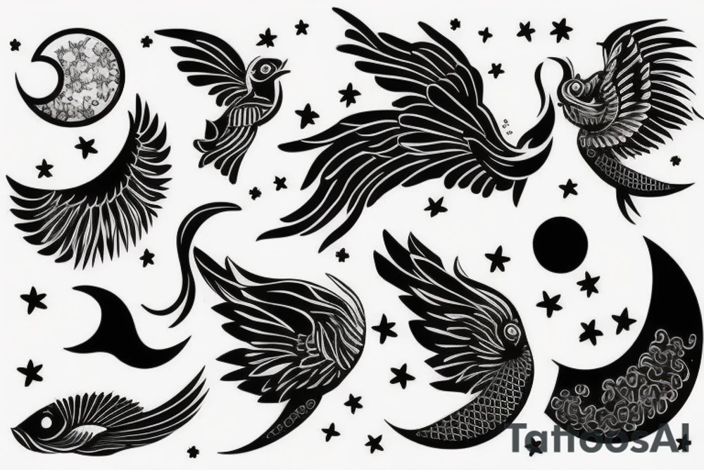 A fish with big wings and a bird face with a moon tattoo idea