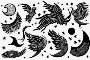 A fish with big wings and a bird face with a moon tattoo idea