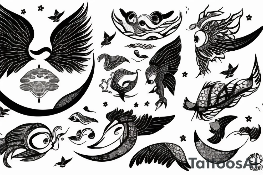 A fish with big wings and a bird face with a moon tattoo idea