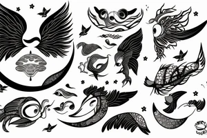 A fish with big wings and a bird face with a moon tattoo idea