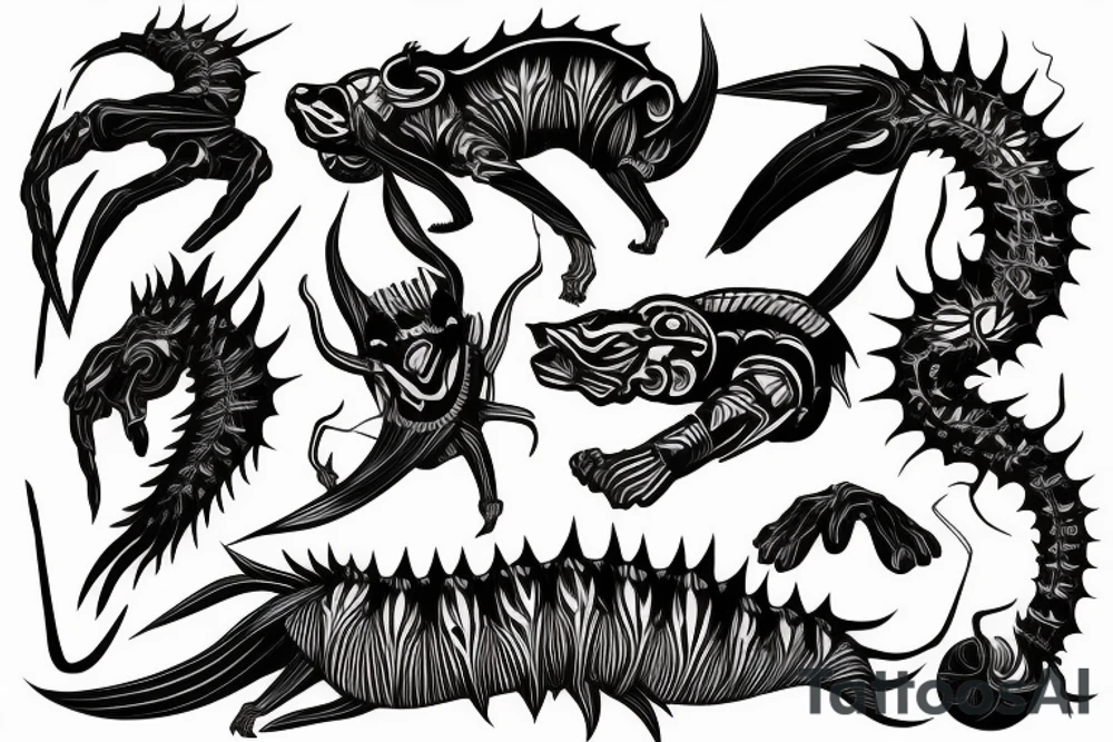 black and sharp , centipede , half sleeve
arm , shoulder , man , chest and arm tattoo idea