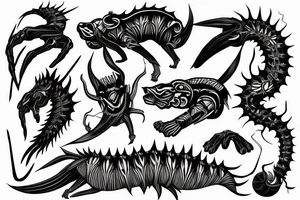black and sharp , centipede , half sleeve
arm , shoulder , man , chest and arm tattoo idea