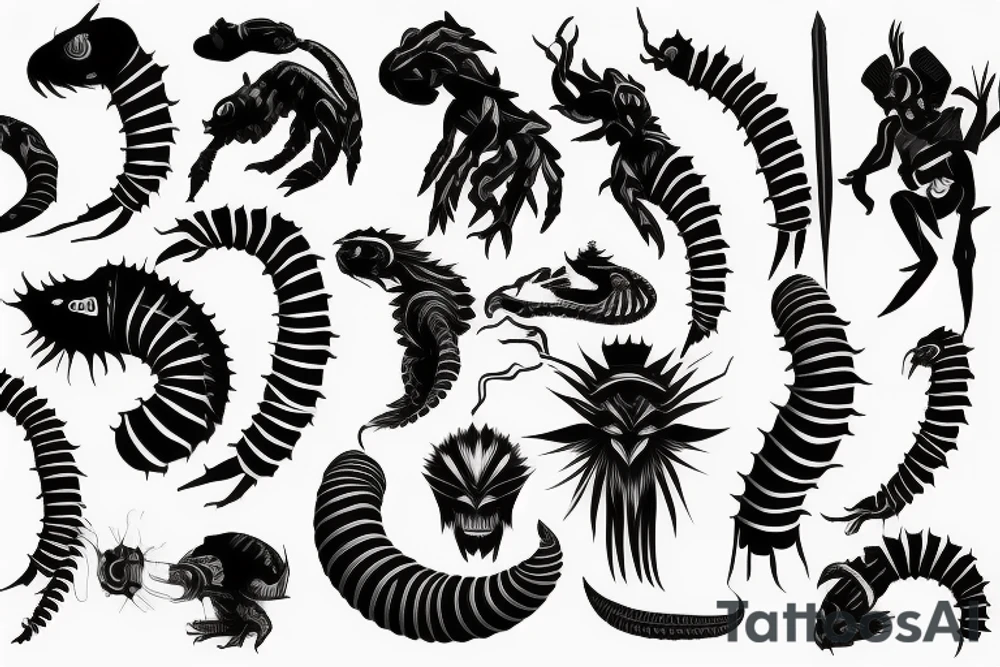 black and sharp , centipede , half sleeve
arm , shoulder , man , tattoo idea