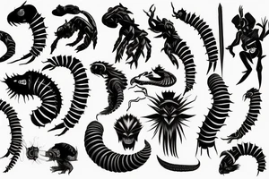 black and sharp , centipede , half sleeve
arm , shoulder , man , tattoo idea