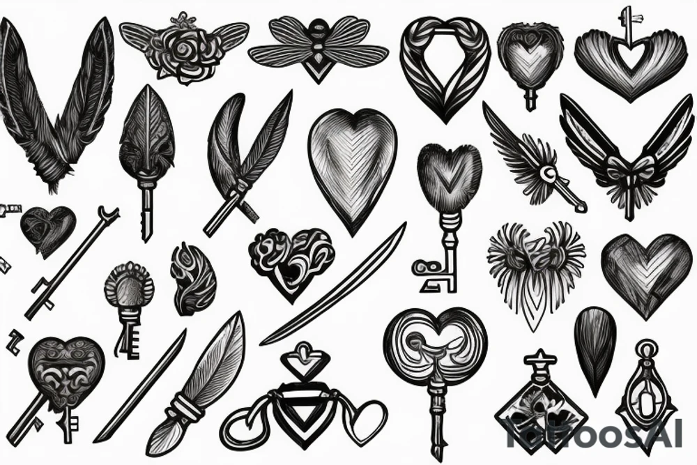 Sword with a heart feather bee crown and key tattoo idea