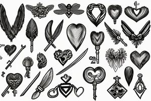 Sword with a heart feather bee crown and key tattoo idea