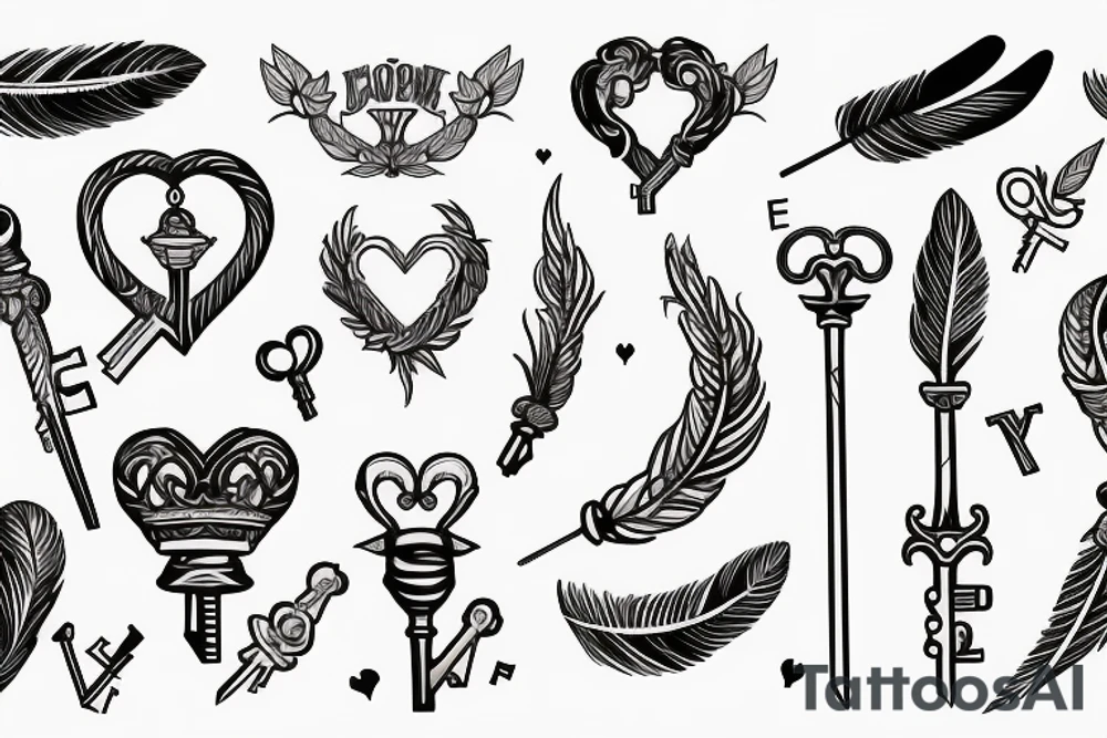 Sword with a heart feather bee crown and key tattoo idea