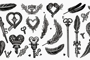 Sword with a heart feather bee crown and key tattoo idea