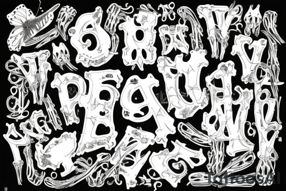 Butterfly made of bones and skulls, with letter V at the middle tattoo idea