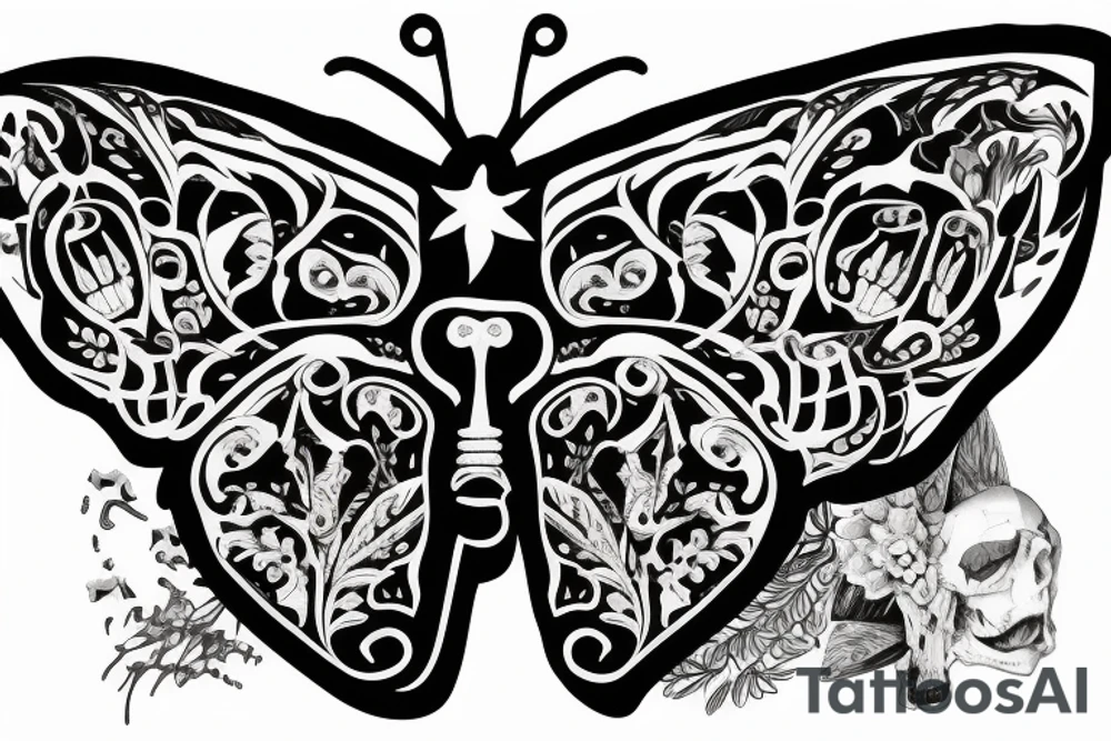 Butterfly made of bones and skulls, with letter V at the middle tattoo idea