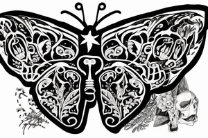 Butterfly made of bones and skulls, with letter V at the middle tattoo idea
