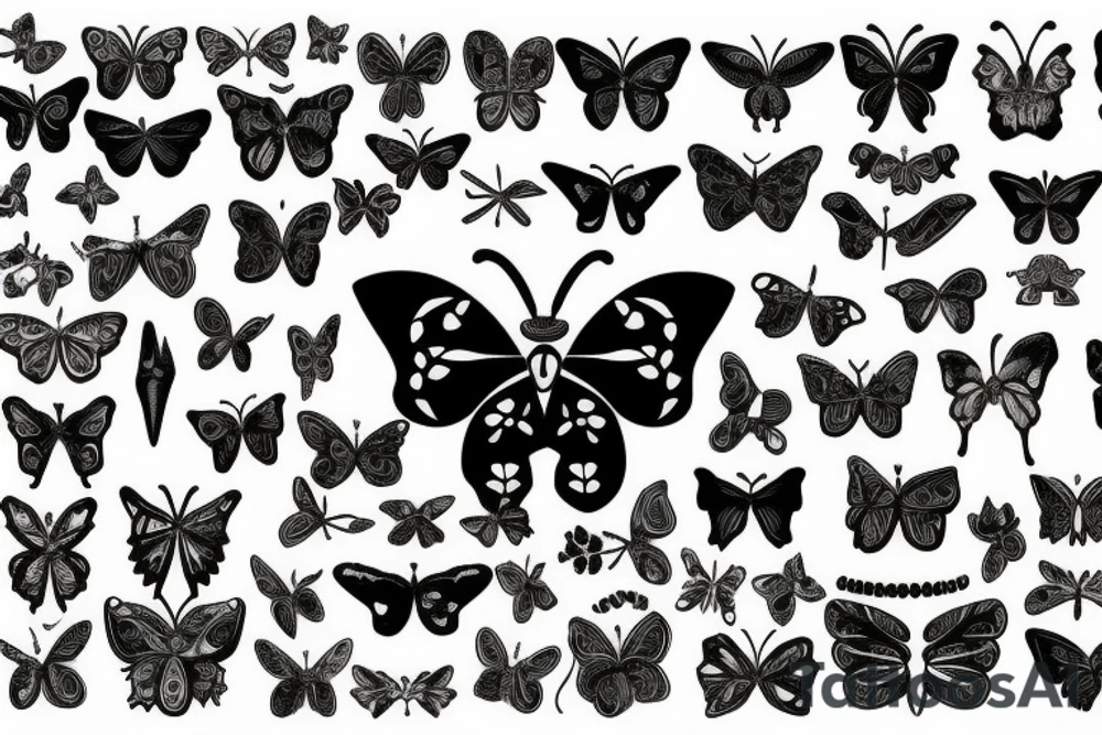 Butterfly made of bones and skulls, with letter V at the middle tattoo idea